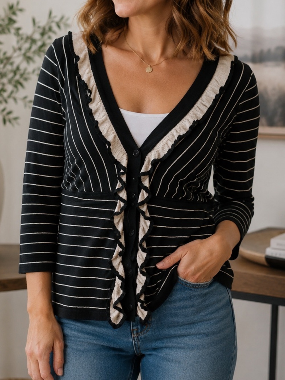 CAbi Quiet Luxury Striped Ruffle Cardigan Tie Front Black Cream Small